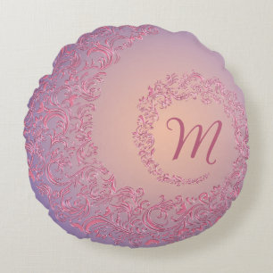 Peach Damask Monogram Rundes Kissen