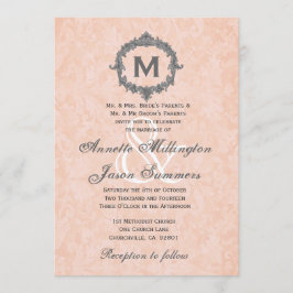 Peach Damask Silver Vintag Monogram Wedding Einladung