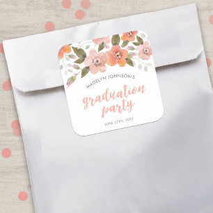 Peach Delicate Floral Graduation Party Quadratischer Aufkleber