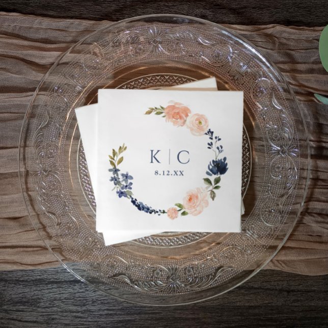 Peach & Dusty Blue Botanic Garden Brautparty Serviette (Navy blue & peach wedding or bridal shower napkins - watercolor floral)