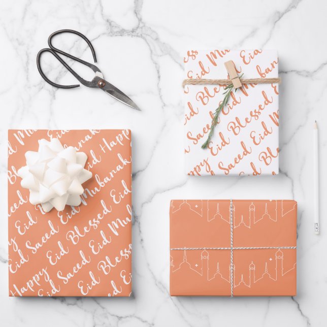 Peach Eid Calligraphy Masjid Muster Design Geschenkpapier Set (Vorderseite)