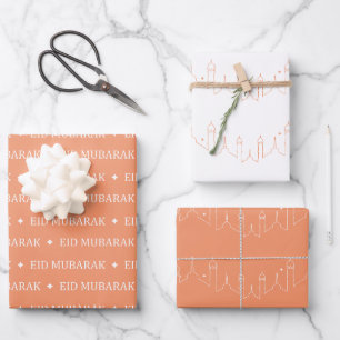 Peach Eid Mubarak Masjid Muster Design Geschenkpapier Set