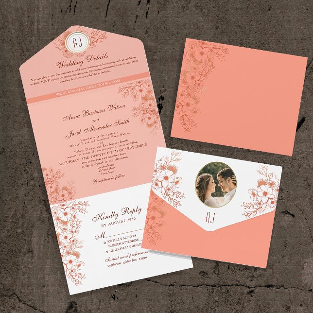 Peach Elegant Monogram Wedding All In One Einladung (Von Creator hochgeladen)