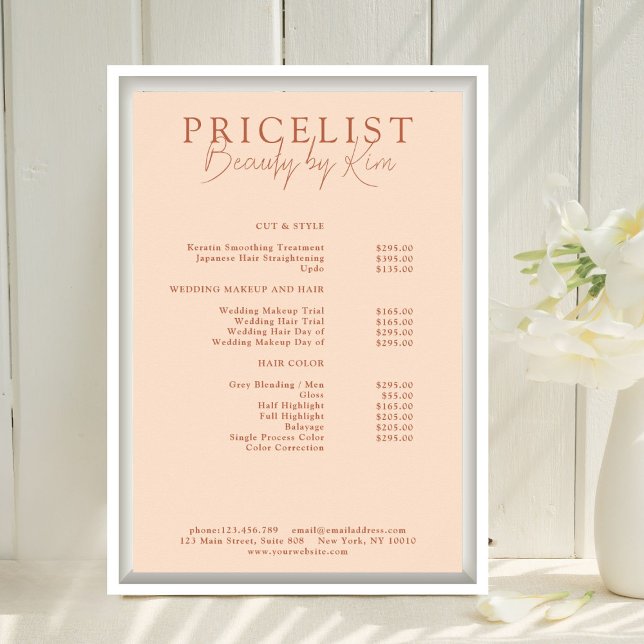 Peach, elegant, Salon-Preisliste Poster (Personalized, Peach, Elegant, Salon Price List Poster)