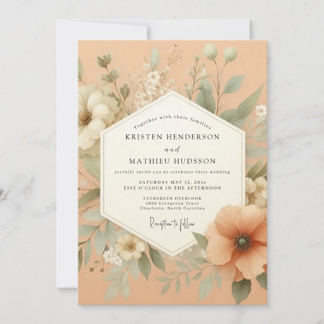 Peach Ethereal Bloom Wedding Einladung (Vorderseite)