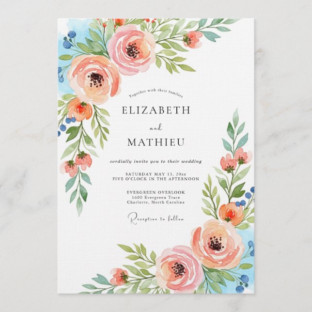 Peach Ethereal Flora Wedding Einladung (Vorderseite)