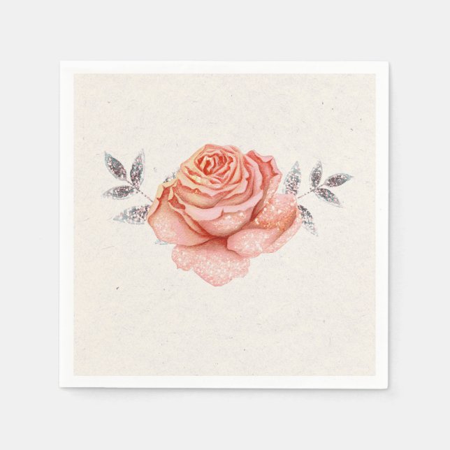 Peach Fairy Tale Glitzer Rose Blätter Brautparty Serviette (Vorderseite)