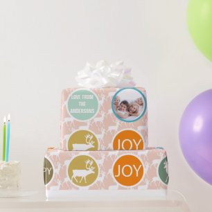 Peach Family Foto Reindeer Christmas Merry Bright Geschenkpapier
