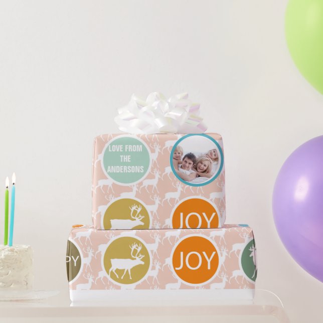 Peach Family Foto Reindeer Christmas Merry Bright Geschenkpapier (Partygeschenke)