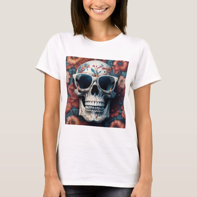 Peach Floral 3D Dead Skull mit Sonnenbrille T-Shirt (Vorderseite)