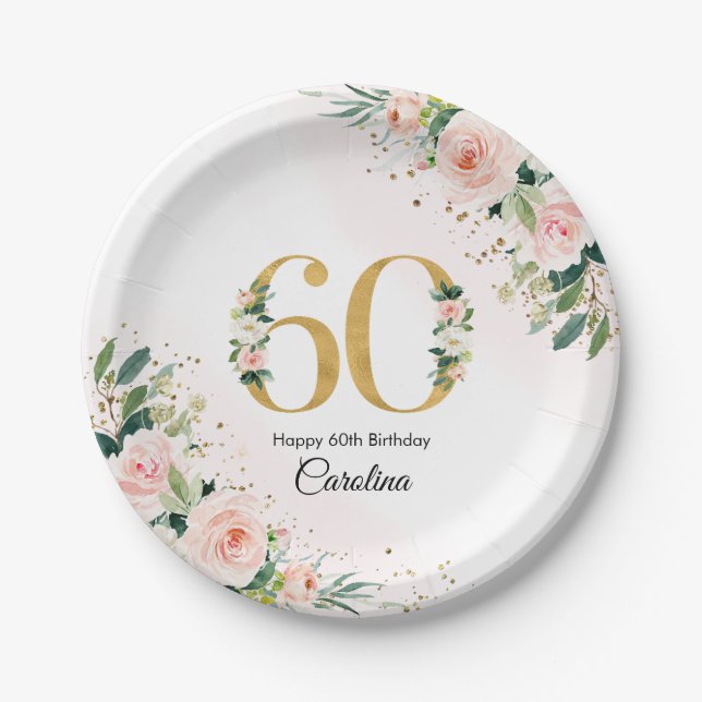 Peach Floral 60. Geburtstag Paper-Teller Pappteller (Vorderseite)