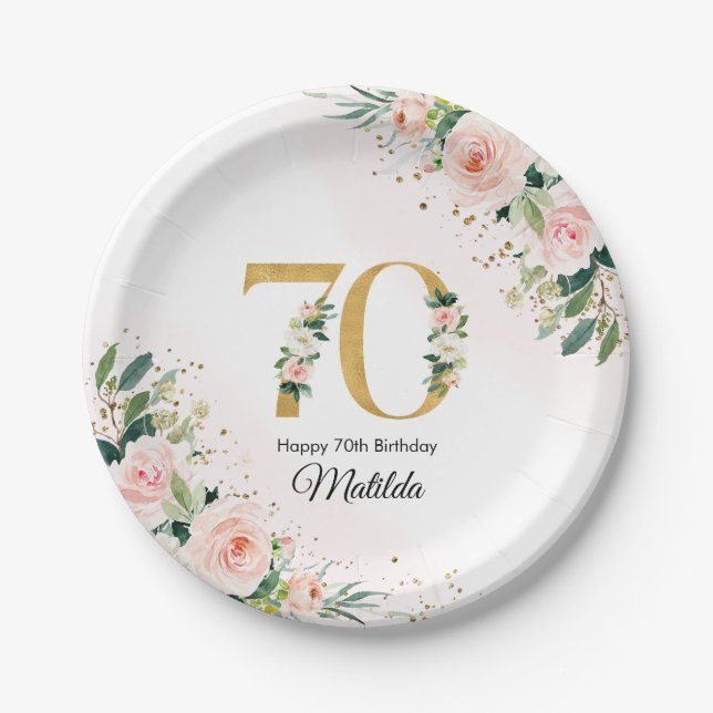 Peach Floral 70. Geburtstag Paper-Teller Pappteller (Vorderseite)