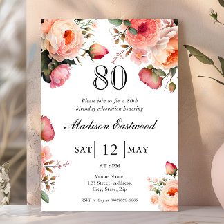 Peach Floral 80. Geburtstag Einladung