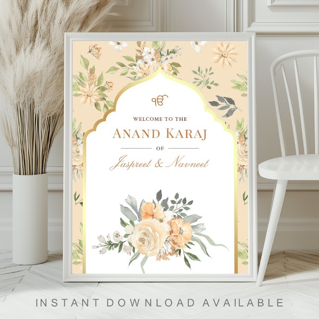 Peach Floral Anand Karaj Sikh Wedding Welcome Sign Poster (Von Creator hochgeladen)