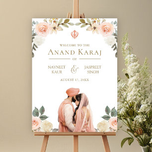 Peach Floral Anand Karaj Sikh Wedding Welcome Sign Poster