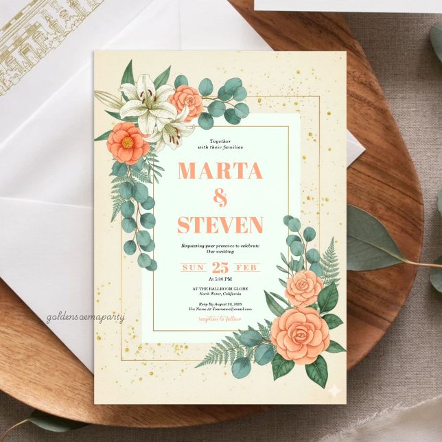 Peach Floral and Eucalyptus Greenery Wedding Einladung (Peach Floral and Eucalyptus Greenery Wedding Invitation)