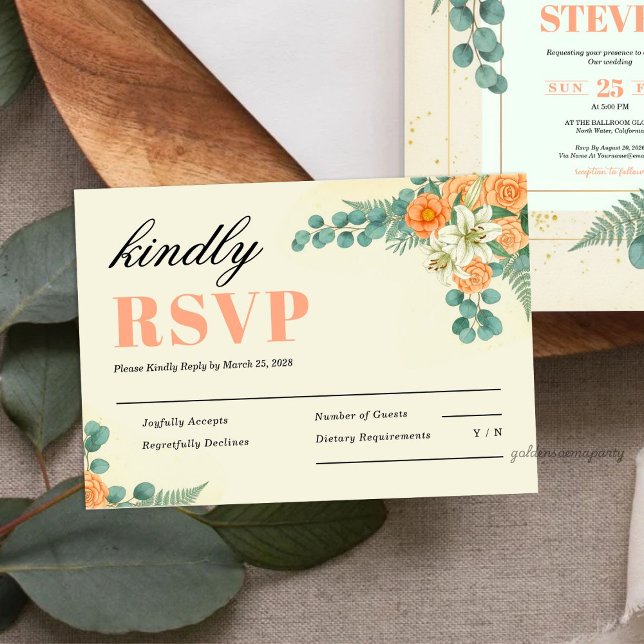 Peach Floral and Eucalyptus Greenery Wedding RSVP Karte (Peach Floral and Eucalyptus Greenery Wedding RSVP Card)
