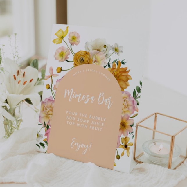 Peach Floral Arch Mimosa Bar Sign Sockelschild (Von Creator hochgeladen)