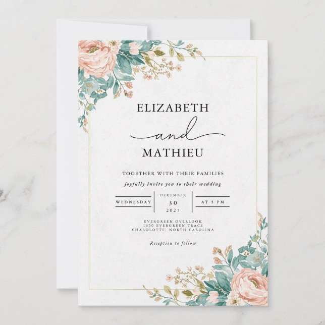 Peach Floral Arch Wedding Einladung (Vorderseite)