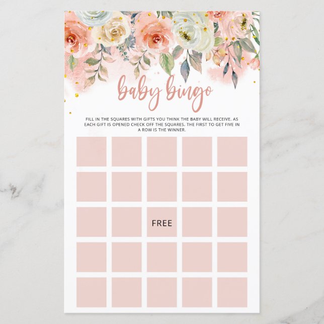Peach Floral Baby Girl Bingo Paper Sheet (Vorderseite)