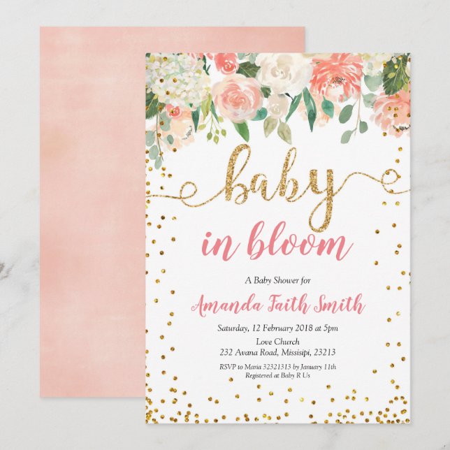 Peach Floral Baby in Bloom Baby Dusche Einladung (Vorne/Hinten)