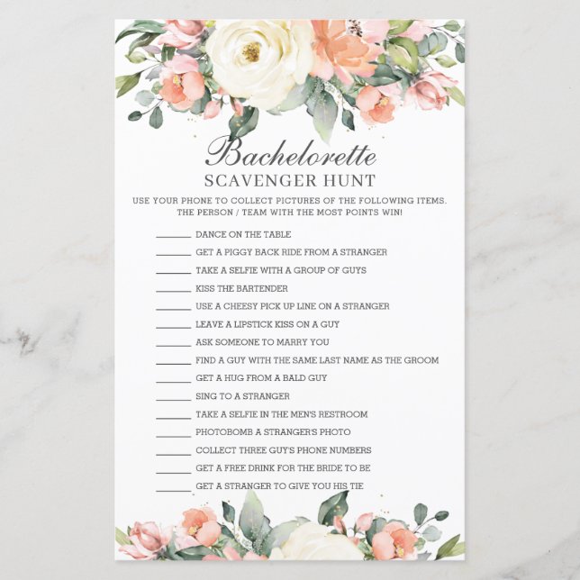 Peach Floral Bachelorette Scavenger Jagdspiel (Vorderseite)