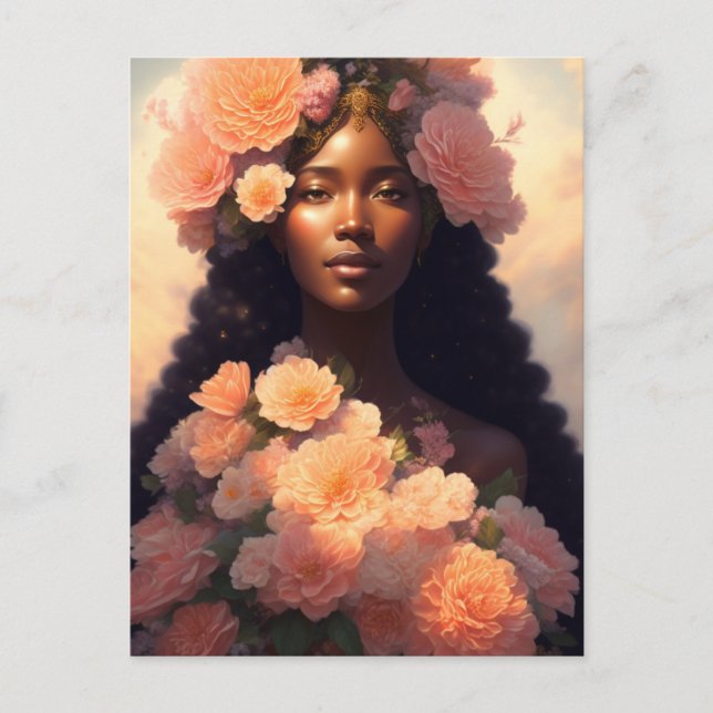 Peach Floral Black Woman Angelic Bloomcore Postkarte (Vorderseite)