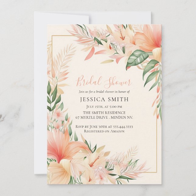 Peach Floral Boho Bridal Dusche Einladung (Vorderseite)