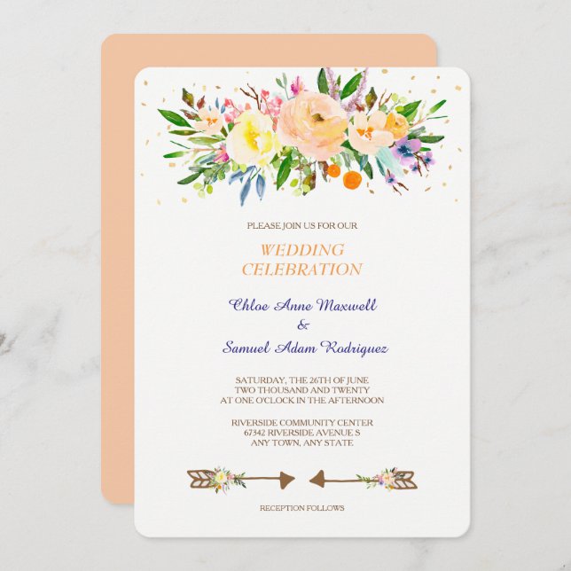 Peach Floral Bouquet Hochzeitseinladung Einladung (Vorne/Hinten)