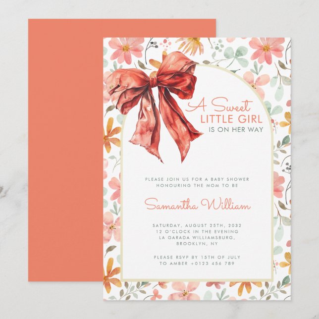 Peach Floral Bow Coquette Babydusche Einladung (Vorne/Hinten)