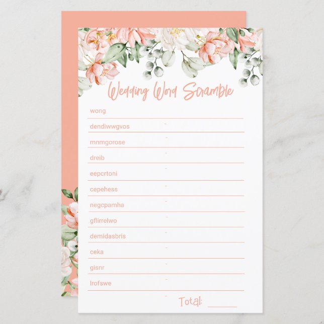 Peach Floral Brautparty Word Scramble Game Card (Vorne/Hinten)