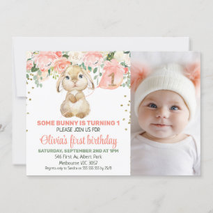 Peach Floral Bunny Foto 1. Geburtstag Einladung