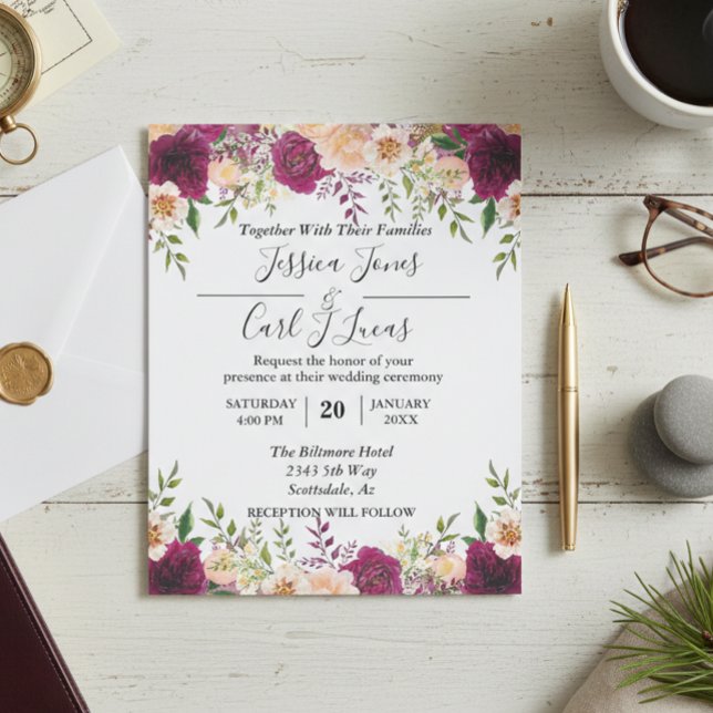 Peach floral Burgundi Wasserfarbe Herbstbudget Flyer (Von Creator hochgeladen)