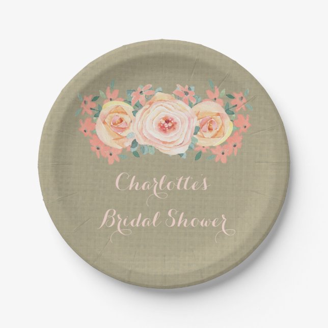 Peach floral Burlap Brautparty Plate Pappteller (Vorderseite)