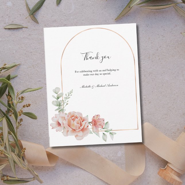 Peach Floral Classic Formal Wedding Vielen Dank Mitteilungskarte (Peach Floral Watercolor Wedding Thank you card. Personalized, Rose Gold Arch Greenery)