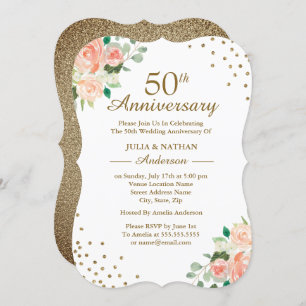 Peach Floral Confetti 50. Hochzeitstag Einladung