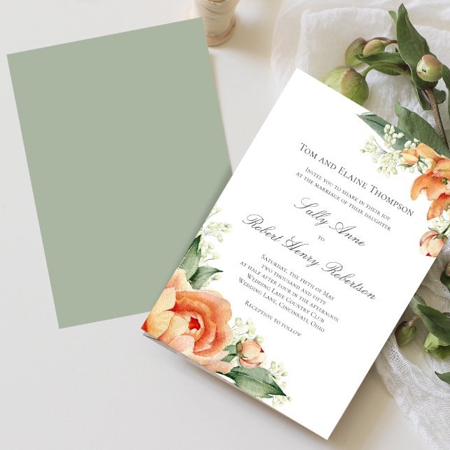 Peach Floral Corner Greenery Elegant Script Einladung (Elegant peach floral wedding design shown on mobile, perfect for modern sharing and digital previews)