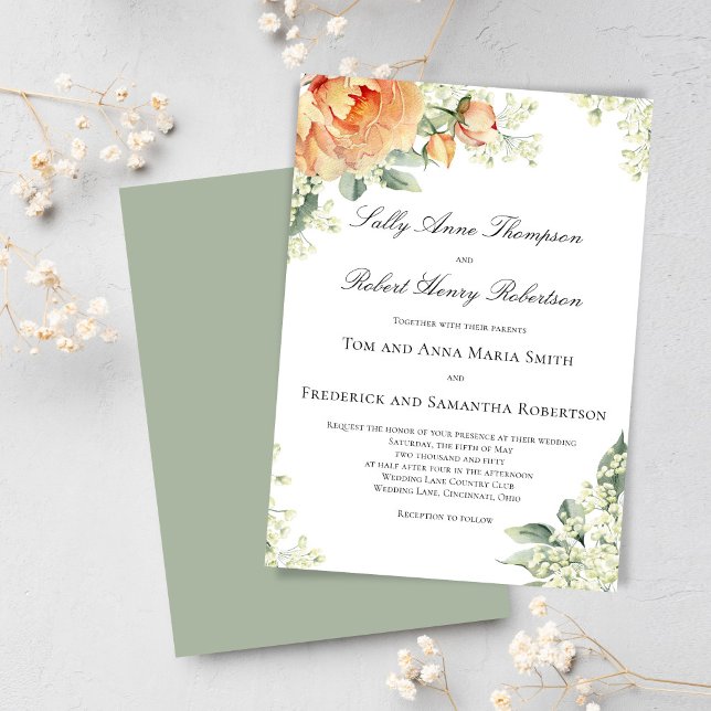 Peach Floral Corner Greenery Script Elegant Einladung (Elegant peach floral wedding design displayed on mobile, perfect for modern sharing and stylish. )