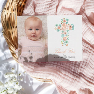 Peach Floral Cross Taufe / Christening Vielen Dank Postkarte