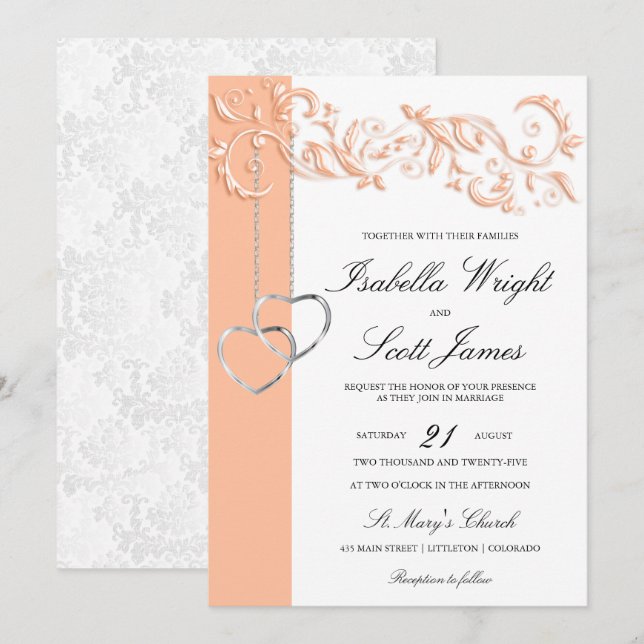 Peach floral Design Wedding Einladung (Vorne/Hinten)
