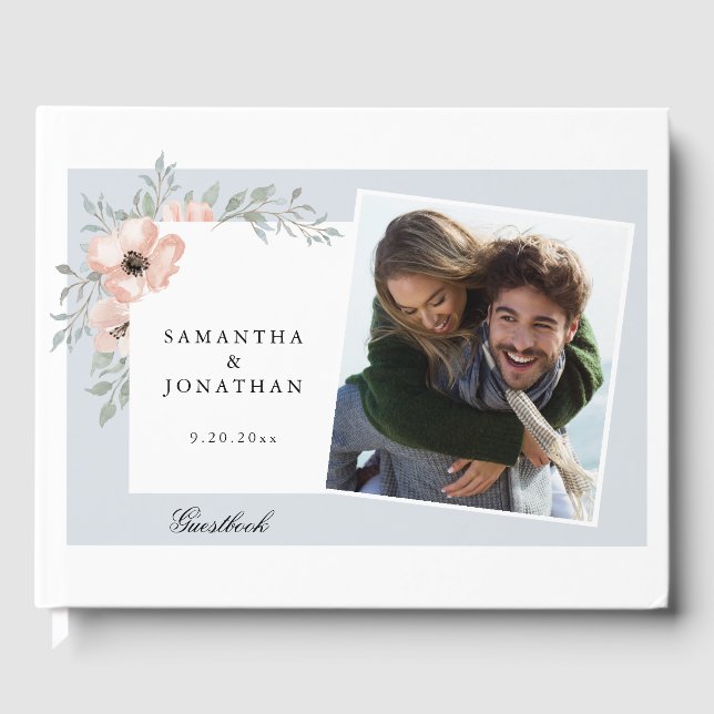 Peach floral Dusty Blue 2 Fotos Hochzeit Gästebuch (Vorderseite)