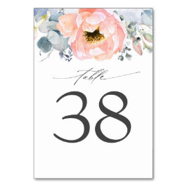 Peach floral Dusty Blue Wedding Tischnummer Cards