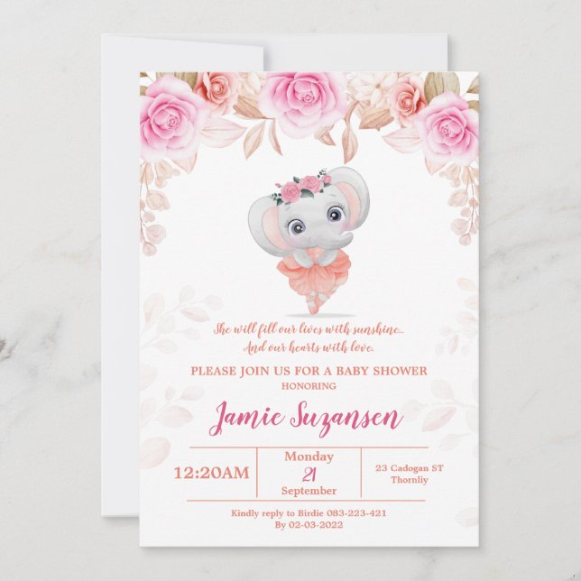 Peach Floral Elephant Baby Shower Girl Einladung (Vorderseite)