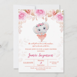 Peach Floral Elephant Baby Shower Girl Einladung