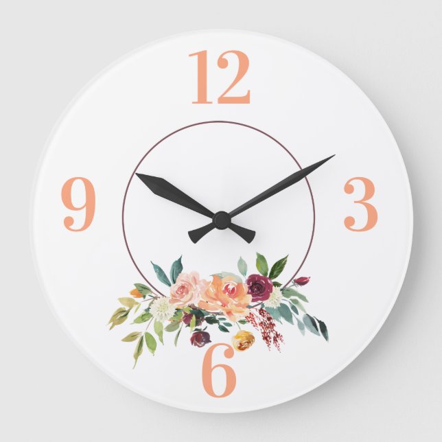 Peach floral Frame Acryl Wall Clock Große Wanduhr (Vorderseite)