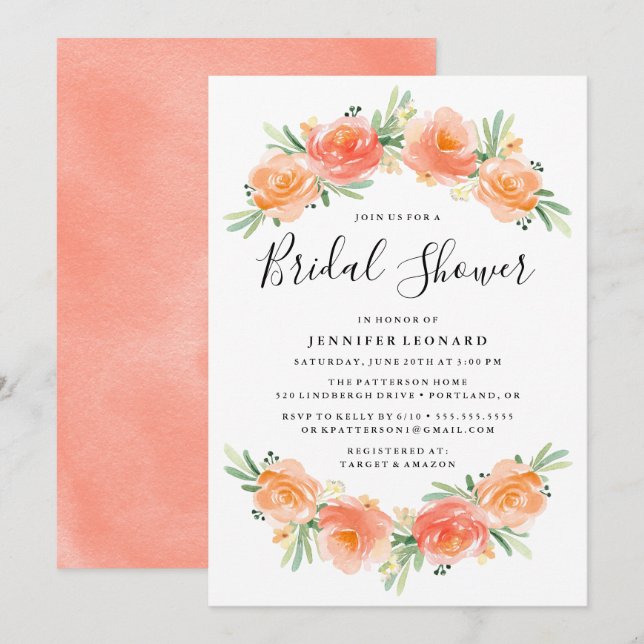 Peach Floral Garden | Brautdusche Einladung (Vorne/Hinten)