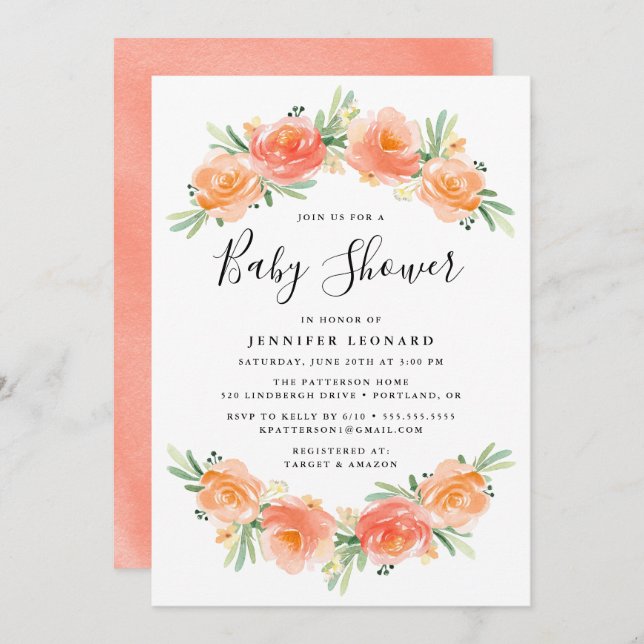 Peach Floral Garden | Einladung der Babydusche (Vorne/Hinten)