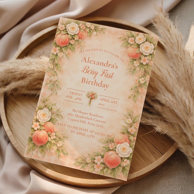Peach Floral Garden First Birthday 1st Birthday Einladung (Von Creator hochgeladen)