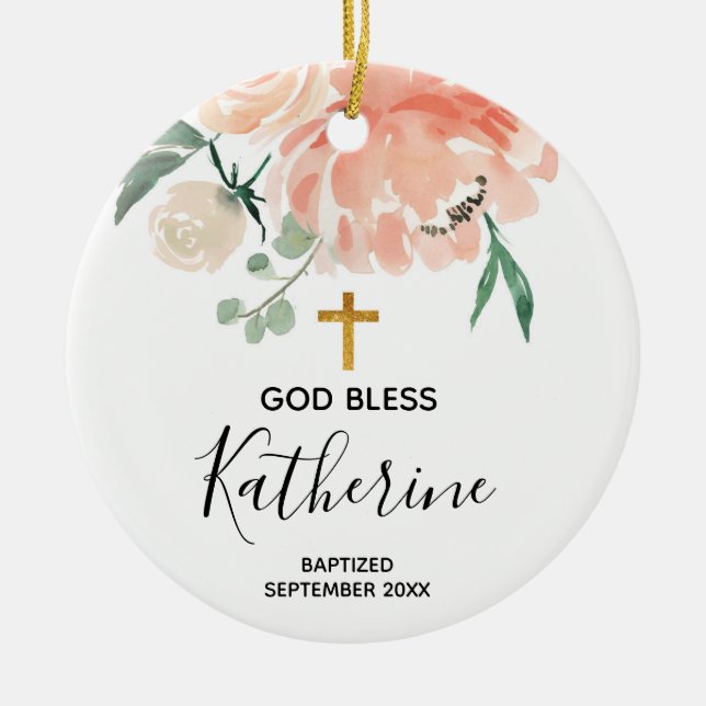 Peach Floral Girl Taufe Ornament (Vorne)