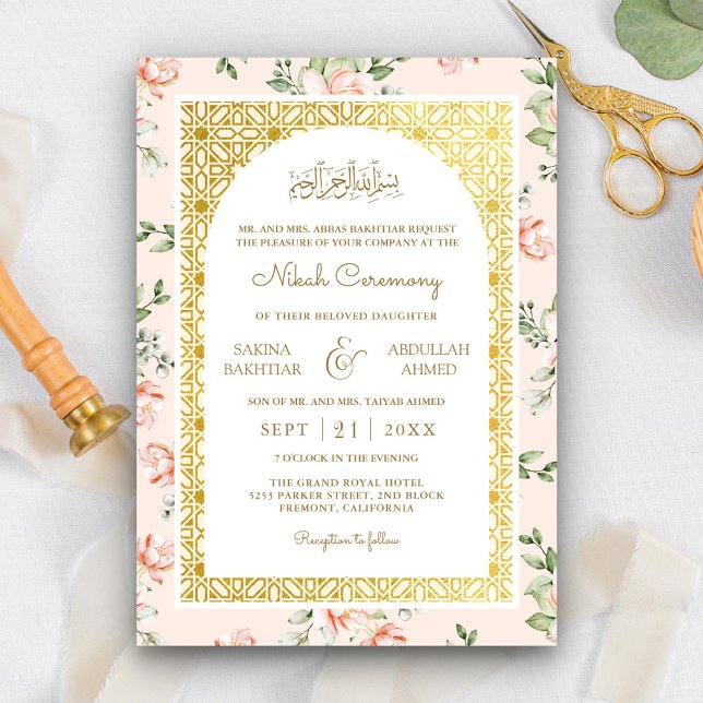 Peach Floral Gold Arch muslimische Hochzeit Einladung (Von Creator hochgeladen)